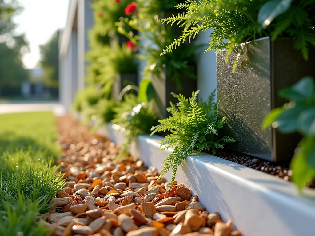 Elegant Vertical Garden with Wood Chip Base - A stunning close-up perspective of a modern vertical garden installation against a contemporary white wall, featuring cascading ferns and flowering plants in metallic wall-mounted planters. At the base, a neat 2-foot wide border of golden cedar wood chips creates a clean transition line. The wood chips are artfully arranged to catch water droplets, with subtle morning dew visible on both the plants and chips. Soft early morning light casts gentle shadows, highlighting the textural contrast between the lush greenery and the natural wood elements. The composition shows how the wood chips effectively manage water runoff while adding a warm, organic element to the design.