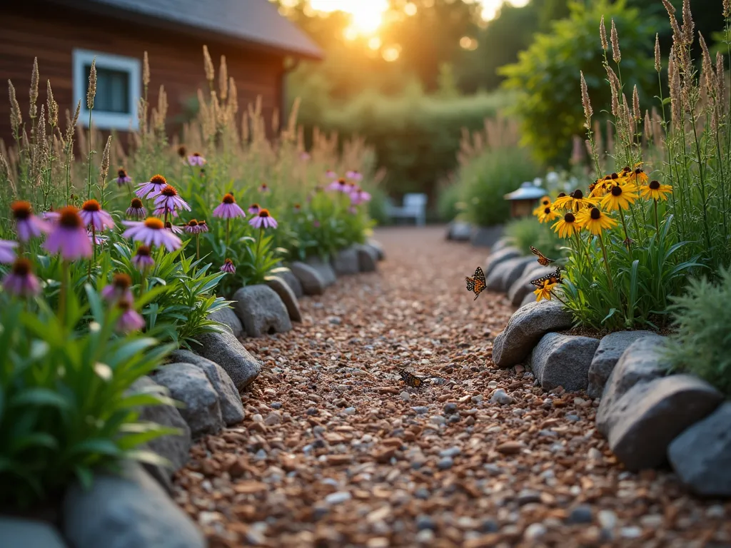 Wildlife-Friendly Wood Chip Garden Haven - A serene dusk scene of a naturalistic garden path lined with layered wood chips of varying sizes, featuring a cozy wildlife habitat area. Soft evening light filters through native flowers and ornamental grasses swaying gently above the chips. Close-up detail shows beneficial insects exploring beneath larger bark pieces, while smaller wood particles create a natural mulch bed. Native butterflies hover over purple coneflowers and black-eyed susans. A rustic log border contains the wood chip area, which transitions from larger decorative pieces to finer mulch, creating a harmonious ecosystem. Bird feeders hang from nearby branches, and a small ground-level water feature provides additional wildlife support. The scene is captured from a low angle to show the intricate layers and natural composition, with bokeh effects from the setting sun.