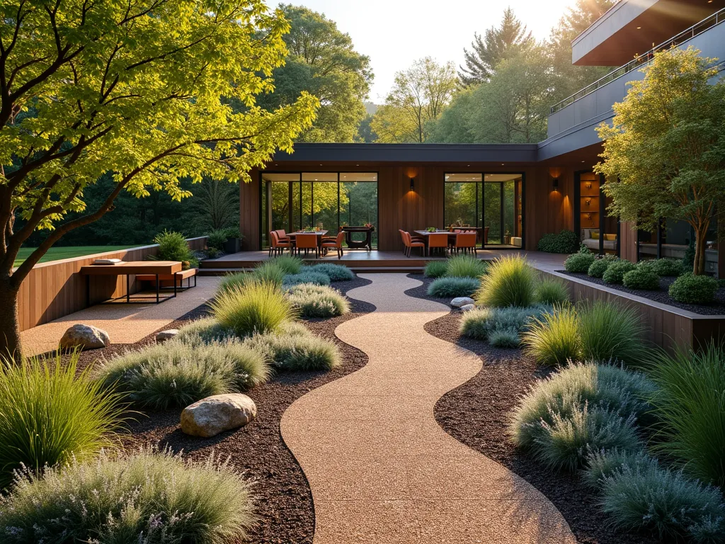 Elegant Wood Chip Garden Room Divider - A serene garden landscape at golden hour showing elegant outdoor rooms divided by winding wood chip pathways. Natural cedar-toned and chocolate brown wood chips create distinct zones between a meditation garden with ornamental grasses and a cozy dining area. Japanese maples cast dappled shadows across the paths while lavender borders soften the transitions. Modern outdoor furniture in earthy tones complements the natural divisions, with strategic lighting highlighting the textural contrast between the wood chips and surrounding greenery. Shot from a medium-high angle to showcase the intentional spatial design and flow between areas.