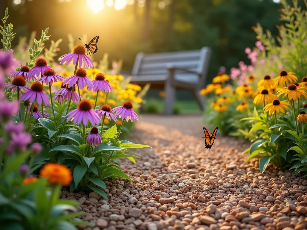 Wood Chip Pollinator Garden at Sunset - A dreamy close-up shot of a rustic garden path lined with wood chips at golden hour, featuring vibrant purple coneflowers, bright yellow black-eyed susans, and pink butterfly bush in full bloom. Butterflies and bees hover gracefully over the flowers while small patches of ornamental grass sway in the gentle breeze. Natural wood chip mulch creates a warm, textured foundation, perfectly maintaining moisture around the flowering plants. Soft sunlight filters through the scene, creating a magical atmosphere as pollinators dance from flower to flower. In the background, a weathered wooden bench nestles among the garden, providing a peaceful viewing spot.