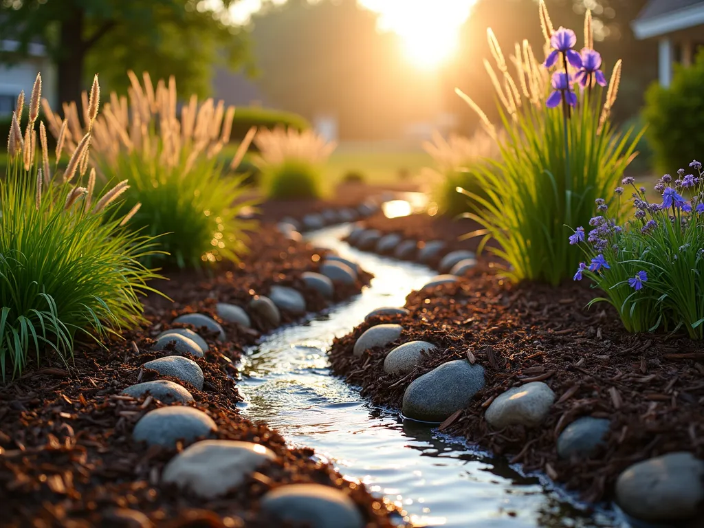 Wood Chip Rain Garden Buffer at Dawn - A serene dawn landscape photo of a professionally designed rain garden with layered wood chips creating natural water channels. Morning dew glistens on native ornamental grasses and rain-loving perennials emerging from rich, dark wood chip mulch. Curved berms lined with river rocks guide water flow, while Japanese Forest Grass and Siberian Iris provide vertical interest. Shot from a low angle to showcase the artistic flow patterns of the wood chips and how they integrate with the landscape design. Golden morning light filters through the misty air, highlighting the texture of the wood chips and the ecological functionality of this sustainable garden feature.