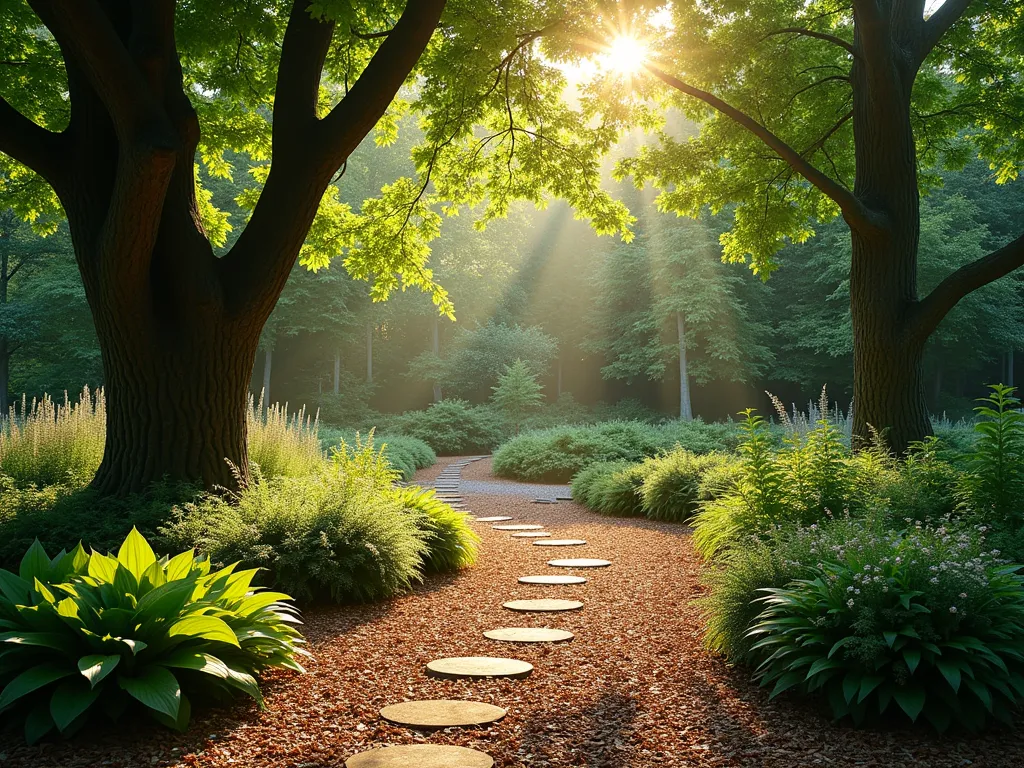 Serene Woodland Shade Garden with Wood Chip Ground Cover - A tranquil wide-angle shot of a shaded garden beneath towering maple trees, captured during golden hour. Natural wood chips create a soft, flowing pathway and ground cover, complemented by clusters of shade-loving hostas, ferns, and Japanese forest grass. Dappled sunlight filters through the canopy, creating a magical interplay of light and shadow on the wood chip surface. Small stepping stones peek through the wood chips, while woodland flowers like white astilbe add delicate touches of color. The scene emphasizes the natural, organic feel of a woodland garden, with the wood chips providing a rich, brown foundation that ties the entire landscape together. Photorealistic, high detail, soft natural lighting.