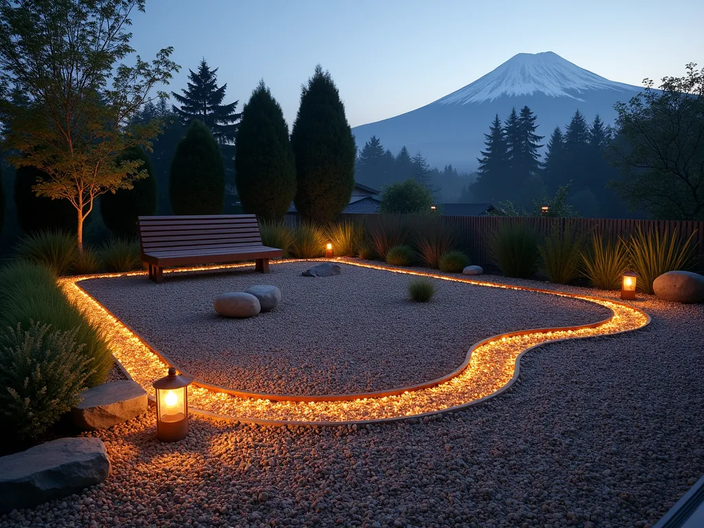 Serene Cedar Zen Garden Border at Dusk - A tranquil Japanese-inspired zen garden at dusk, featuring a pristine cedar wood chip border creating a clean, flowing boundary around a minimalist meditation space. The border, made of rich amber-colored cedar chips, frames a carefully arranged rock garden with smooth river stones and a few strategic Japanese Forest Grass plantings. A simple wooden bench sits in the background, while subtle landscape lighting casts gentle shadows across the textured wood chip surface. Low-lying fog adds mystery, while a small stone lantern provides warm illumination. Shot from a low angle to emphasize the border's clean lines and natural flow, with Mount Fuji-inspired pruned evergreens in the distant background.