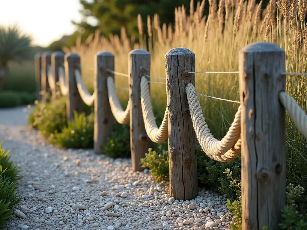 Coastal Rope and Timber Garden Border - A beautiful garden border made of weathered wooden posts connected by thick nautical rope, set against a backdrop of ornamental beach grasses and coastal perennials. The wooden posts are evenly spaced and stand about 18 inches tall, with natural-colored manila rope weaving between them. Soft evening lighting casts subtle shadows across the timber posts, while wispy beach grass sways gently behind. The border follows a gentle curve, creating a natural flow in the landscape. Crushed seashells and small pebbles line the ground near the edging, enhancing the maritime theme. Photorealistic, architectural photography style, soft natural lighting.