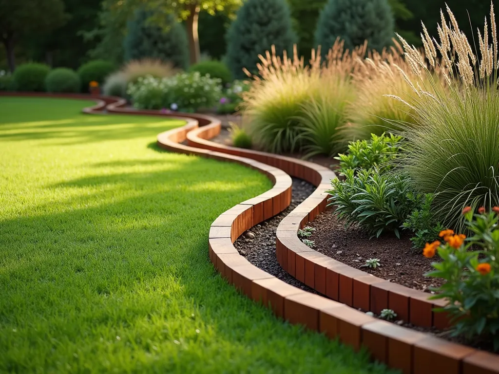 Curved Timber Wave Garden Border - A contemporary garden landscape featuring gracefully curved flexible timber edging creating smooth, flowing waves along a pristine garden border. The warm-toned timber strips appear to dance through the landscape, separating a lush green lawn from a mixed garden bed filled with ornamental grasses and flowering perennials. The natural wood grain is visible in the late afternoon sunlight, creating subtle shadows that emphasize the organic wavelike pattern. The curved design seamlessly blends structured landscaping with natural garden elements, photographed from a low angle to emphasize the rhythmic movement of the timber waves.