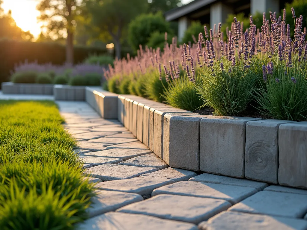 Herringbone Timber Garden Edge - A professional landscaping photograph of a modern garden bed edging featuring beautifully crafted herringbone pattern made from light-colored wooden timber pieces. The timbers are precisely arranged at 45-degree angles, creating a sophisticated zigzag border pattern. The edging separates a well-maintained lawn from a flourishing garden bed filled with ornamental grasses and lavender. Shot during golden hour, casting soft shadows that emphasize the geometric pattern. The timber edge is approximately 6 inches high, weathered to a natural gray tone, photographed from a low angle to showcase the intricate pattern detail. Photorealistic, 4K quality, architectural design focus.