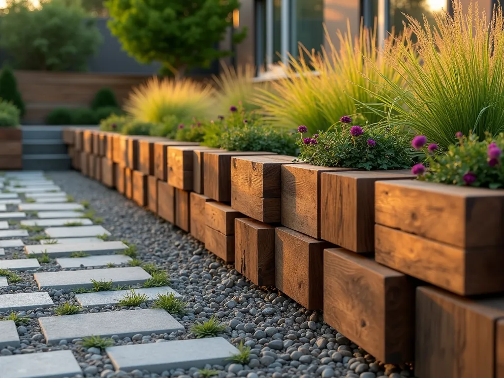 Modern Timber Block Mosaic Garden Edge - Artistic garden border made of wooden timber blocks arranged in a mosaic pattern, varying in heights from 6 to 12 inches, creating a rhythmic geometric pattern. The blocks are arranged in a contemporary style with clean lines, some positioned vertically and horizontally, in rich natural wood tones. Lush ornamental grasses and modern landscaping in the background, captured during golden hour with soft lighting highlighting the wood grain texture. Photorealistic, architectural photography style, 8k quality