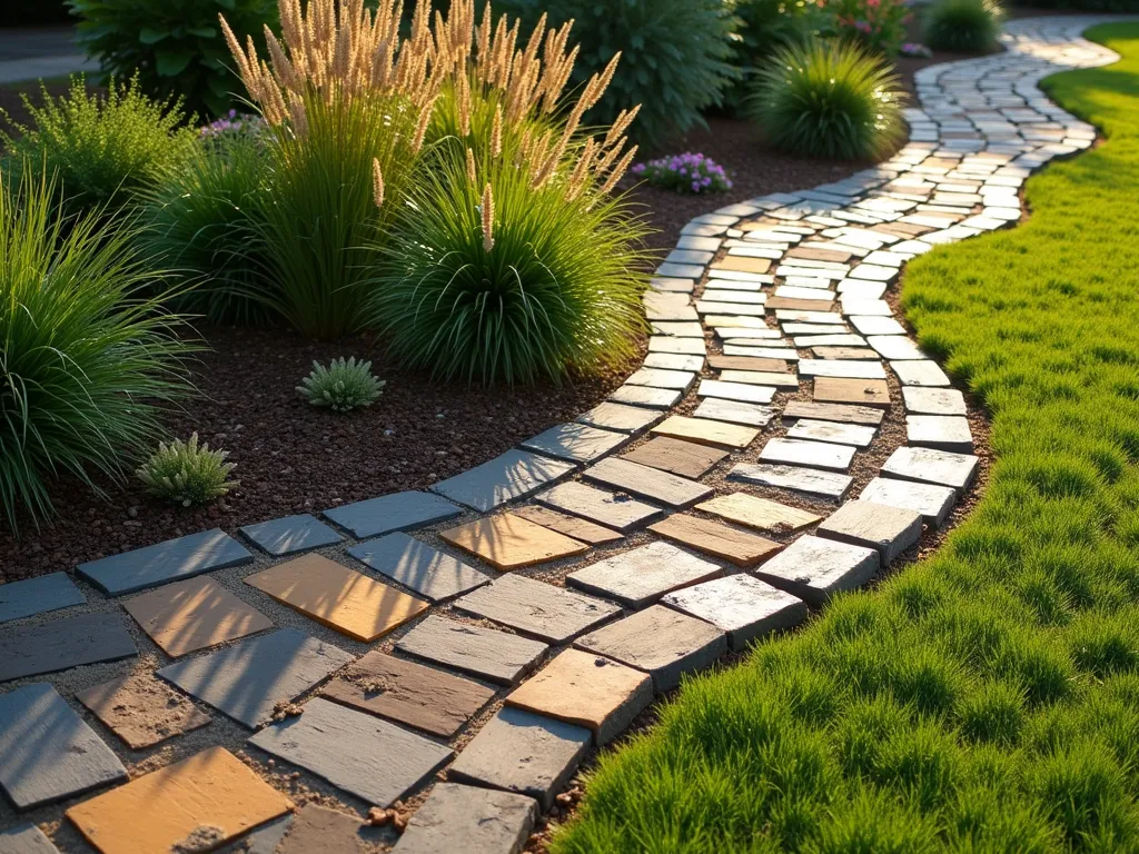 Artistic Reclaimed Wood Mosaic Garden Border - A stunning garden edging made from reclaimed wood pieces arranged in a beautiful mosaic pattern, photographed in warm natural sunlight. Various weathered wood pieces in different tones of brown, gray, and honey are artistically arranged in a flowing pattern. The wood pieces vary in size and shape, creating an organic, artistic border between a lush garden bed and a neat lawn. Some pieces show vintage patina and natural textures, while others display remnants of old paint. The mosaic pattern creates interesting shadows and depth, with ornamental grasses and flowering perennials softly cascading over parts of the edging. Photorealistic, high detail, landscape photography style.