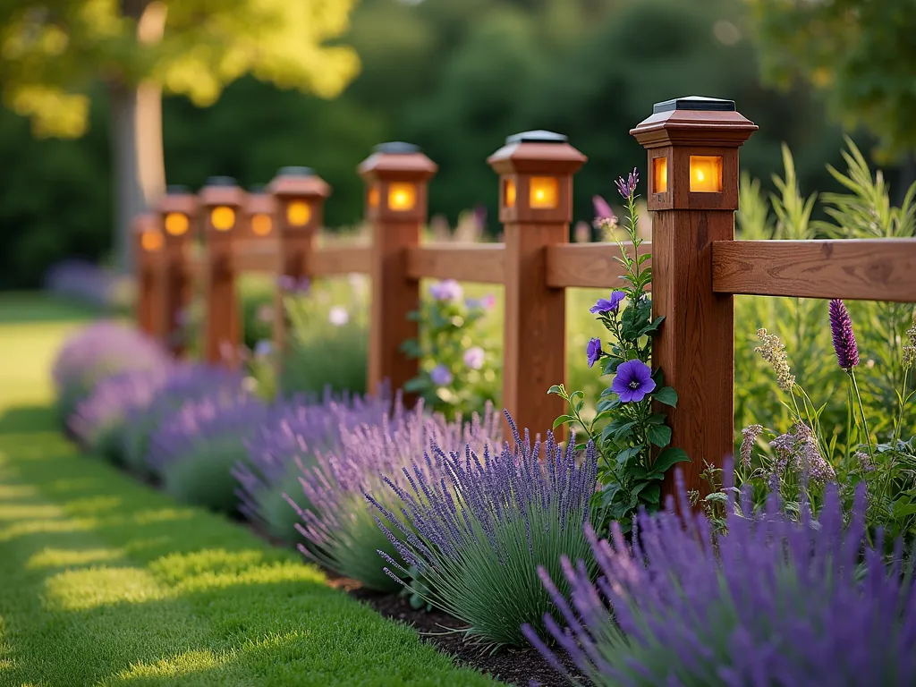 Rhythmic Timber Post Garden Border - A sophisticated garden border featuring elegant wooden timber posts of varying heights (3-6 feet) arranged in a rhythmic pattern along a curved flower bed. The posts are made of rich, weathered cedar, some featuring built-in solar cap lights that cast a warm glow. Purple clematis and jasmine vines gracefully climb select posts, while ornamental grasses and lavender sway at their base. Captured during golden hour, creating dramatic shadows and highlighting the natural wood grain texture. Photorealistic, architectural photography style, soft bokeh background.