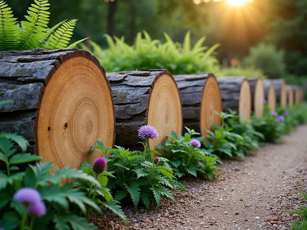 Rustic Log Round Garden Border - A beautiful garden border made from vertical cross-sections of natural timber logs arranged in a gentle curve, photographed during golden hour. The logs are varying sizes between 6-12 inches in diameter, partially embedded in the soil. Lush green ferns and purple coneflowers spill over the timber rounds on one side, while a neat mulched pathway runs along the other. The wood shows natural weathering and organic textures, with some moss adding character to the logs. Soft, natural lighting highlights the wood grain patterns of the cross-sections. Photorealistic, high detail, landscape photography style.