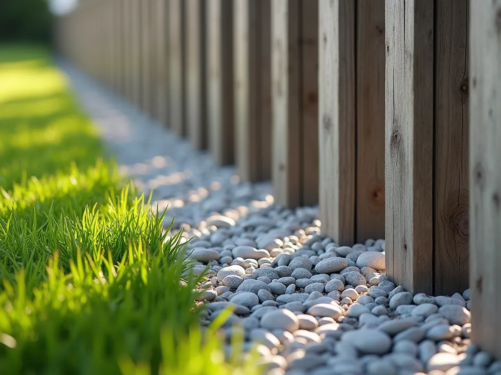 Modern Timber and Gravel Border Design - A close-up perspective of a modern garden border featuring vertical cedar timber posts of varying heights arranged in a rhythmic pattern, intersected with light gray decorative gravel. The timber posts are weathered to a natural silver-gray, creating a sophisticated edge against lush green grass. Soft afternoon sunlight casts dramatic shadows across the gravel, highlighting the textural interplay between smooth wood and loose stones. Photo-realistic, high detail, architectural garden design, 8k resolution