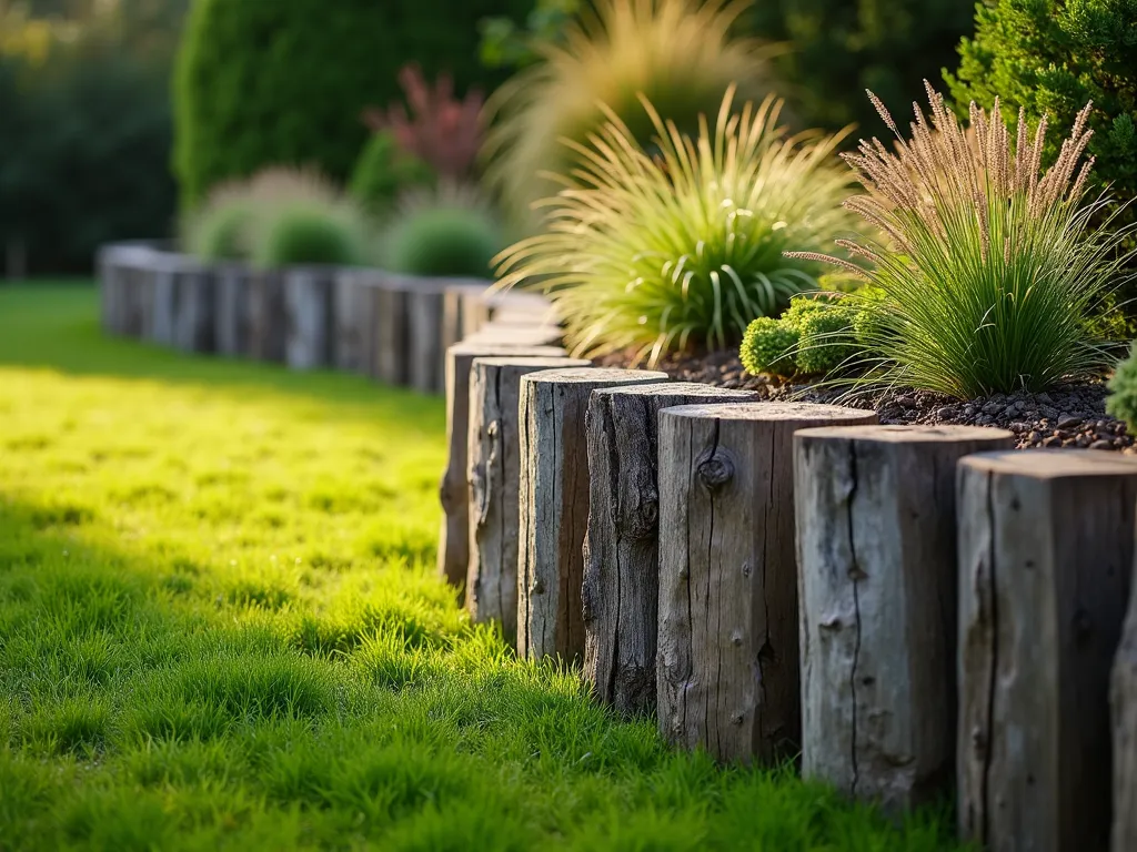 Vertical Railway Sleeper Garden Border - A professional landscape photography of a garden border made from weathered railway sleepers positioned vertically, creating dramatic height variations. The sleepers form a rustic raised border filled with lush plantings. Soft evening sunlight casts long shadows across the textured wood, highlighting its natural grain and weathered patina. The border separates a manicured lawn from a deep flower bed containing ornamental grasses and perennials. The composition shows the architectural lines of the sleepers arranged in a gentle curve, photographed at f/8, with selective focus