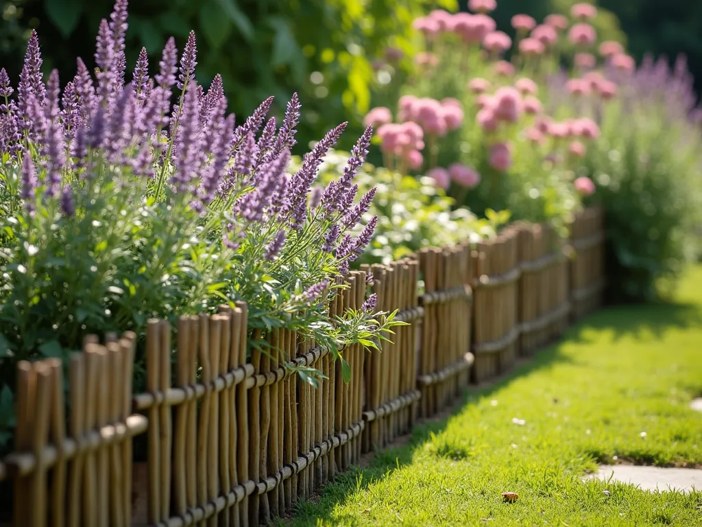 Woven Timber Garden Border - A charming cottage garden border featuring thin wooden strips intricately woven in a traditional basket-weave pattern, standing 18 inches tall. The edging alternates between vertical wooden stakes and horizontal woven timber strips, creating an artisanal lattice effect. Soft purple lavender and pink echinacea flowers spill gently over the rustic woven edge, while lush green foliage provides contrast against the natural wood tones. Photographed in warm, late afternoon sunlight that highlights the textural details of the weaving pattern. Artistic composition with subtle depth of field.