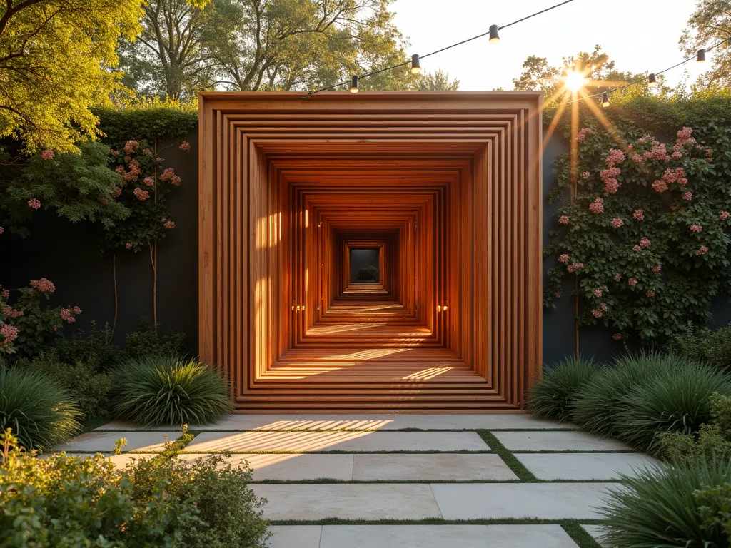 3D Wooden Garden Illusion Wall - A mesmerizing wooden art installation in a serene garden setting at golden hour, featuring a large-scale optical illusion created from precisely arranged cedar planks forming a three-dimensional geometric pattern that appears to float off a living wall. The installation is surrounded by ornamental grasses and climbing jasmine, with soft evening light casting dramatic shadows that enhance the illusion's depth. The piece is photographed from a 45-degree angle to maximize the visual impact of the optical illusion, with a modern concrete patio visible in the foreground and string lights draped overhead creating a magical atmosphere. Shot with a wide-angle lens capturing the full installation while maintaining intimate garden details in 8K resolution.