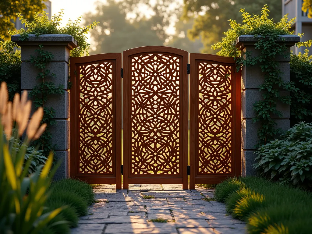 Celtic Knot Garden Privacy Screen at Dusk - A stunning DSLR photograph of an elegant wooden garden privacy screen featuring an intricately carved Celtic knot pattern, captured at dusk. The 8-foot-tall screen is crafted from rich cedar wood with precise laser-cut Celtic spiral and weave patterns that create mesmerizing shadows on the garden path below. Soft golden evening light filters through the intricate cutouts, casting magical patterns across a lush garden backdrop of swaying ornamental grasses. The screen is positioned between two stone pillars and bordered by climbing jasmine vines that have begun to weave through the lower sections. Shot with a wide-angle lens at f/8, capturing both the fine details of the woodwork and the depth of the garden setting, with subtle landscape lighting beginning to illuminate the scene.