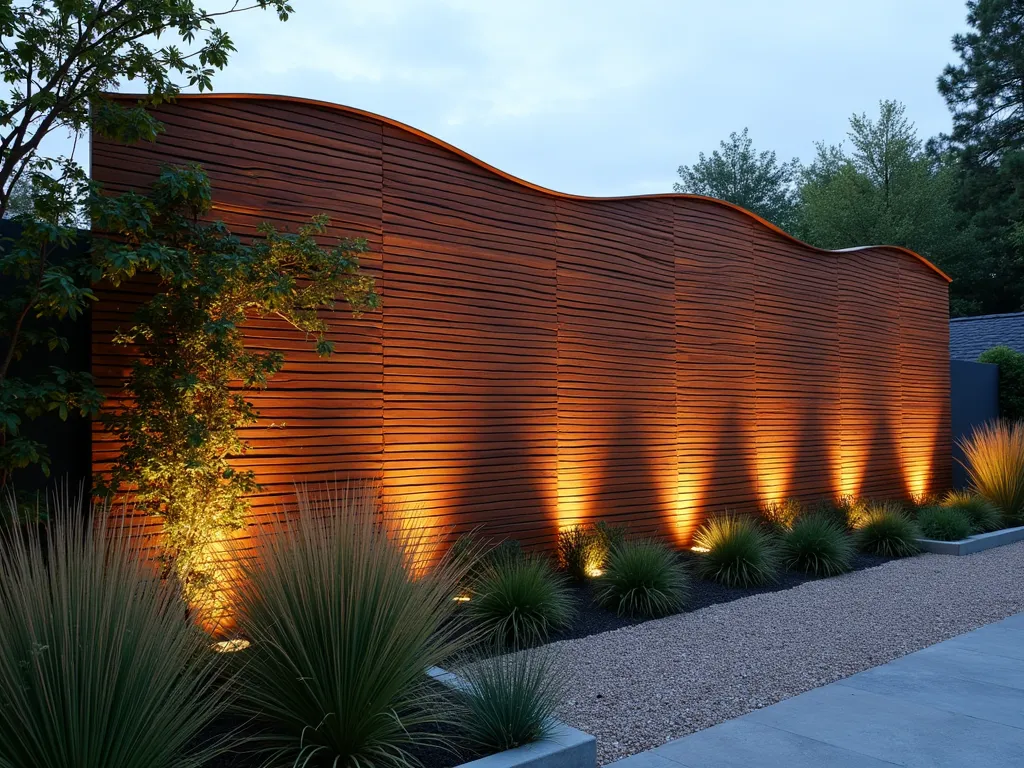 Curved Wooden Wave Privacy Screen at Dusk - A stunning modern garden backdrop featuring an elegant undulating wooden wall, crafted from curved strips of cedar wood that flow like gentle ocean waves, photographed at dusk with soft ambient lighting. The 8-foot-tall artistic privacy screen spans 15 feet wide, complemented by strategic uplighting that casts dramatic shadows on its rippling surface. Ornamental grasses sway gently in the foreground, while climbing jasmine begins to weave through the wooden slats. Shot with a wide-angle lens to capture the full sweeping curve of the installation, with the golden hour sun creating warm highlights on the natural wood grain. The contemporary architectural element is nestled within a minimalist garden design, with crushed granite pathways and geometric concrete planters providing textural contrast.