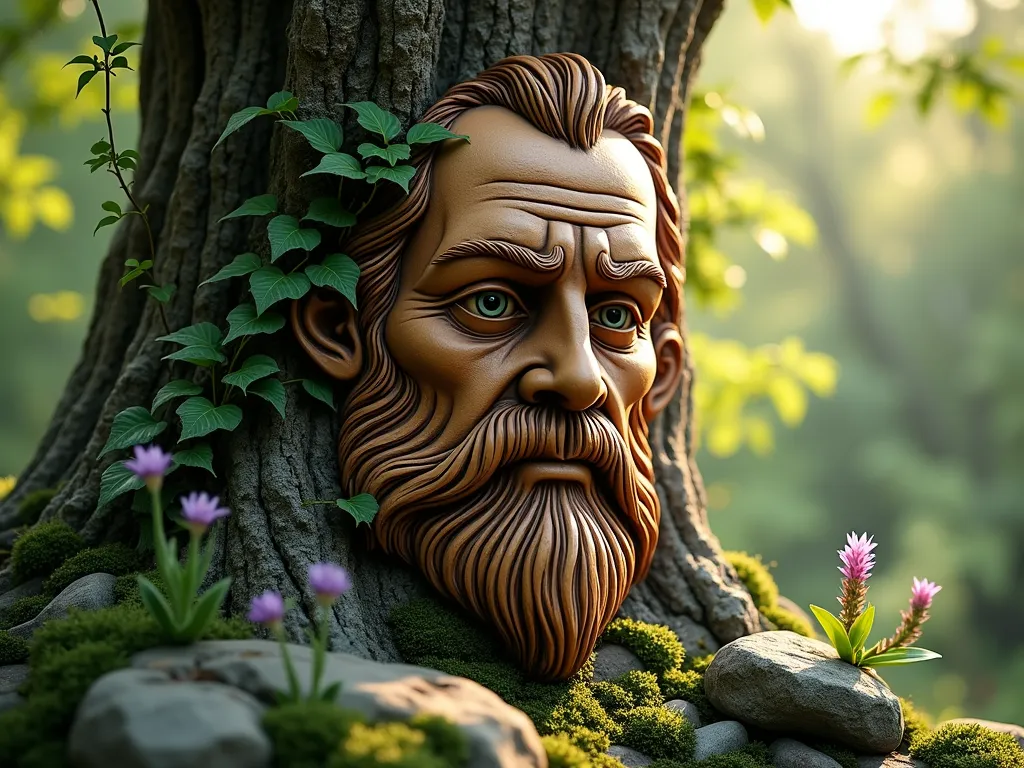 Enchanted Wooden Garden Face Installation - Close-up shot of an intricately carved wooden face with detailed expressions mounted on a weathered tree trunk, surrounded by climbing ivy and delicate ferns. The face appears mystical and serene, with deep-set eyes and flowing beard-like details carved into the natural wood grain. Soft dappled evening sunlight filters through overhead tree branches, creating a magical atmosphere. The wooden face is positioned in a lush garden setting with moss-covered stones and small purple wildflowers at its base. Photorealistic, high detail, mystical garden art, organic textures