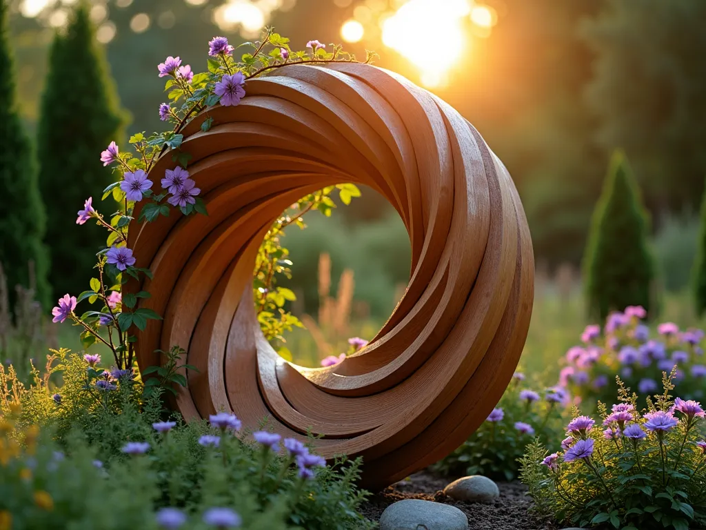 Ethereal Garden Spiral Wood Sculpture - A stunning garden photograph at golden hour capturing a 7-foot tall sculptural wooden spiral made from curved cedar segments, seamlessly rising from a lush garden bed. The spiral's graceful curves cast intricate shadow patterns on the surrounding foliage, while delicate purple clematis vines weave through the structure. Shot with a wide-angle lens at f/2.8, creating a dreamy bokeh effect with the setting sun filtering through the spiral's negative spaces. The sculpture is positioned against a soft-focused background of evergreen shrubs and ornamental grasses, with warm golden light emphasizing the wood's rich grain patterns and natural patina. Dew drops on the climbing vines catch the light, adding sparkle to the scene.