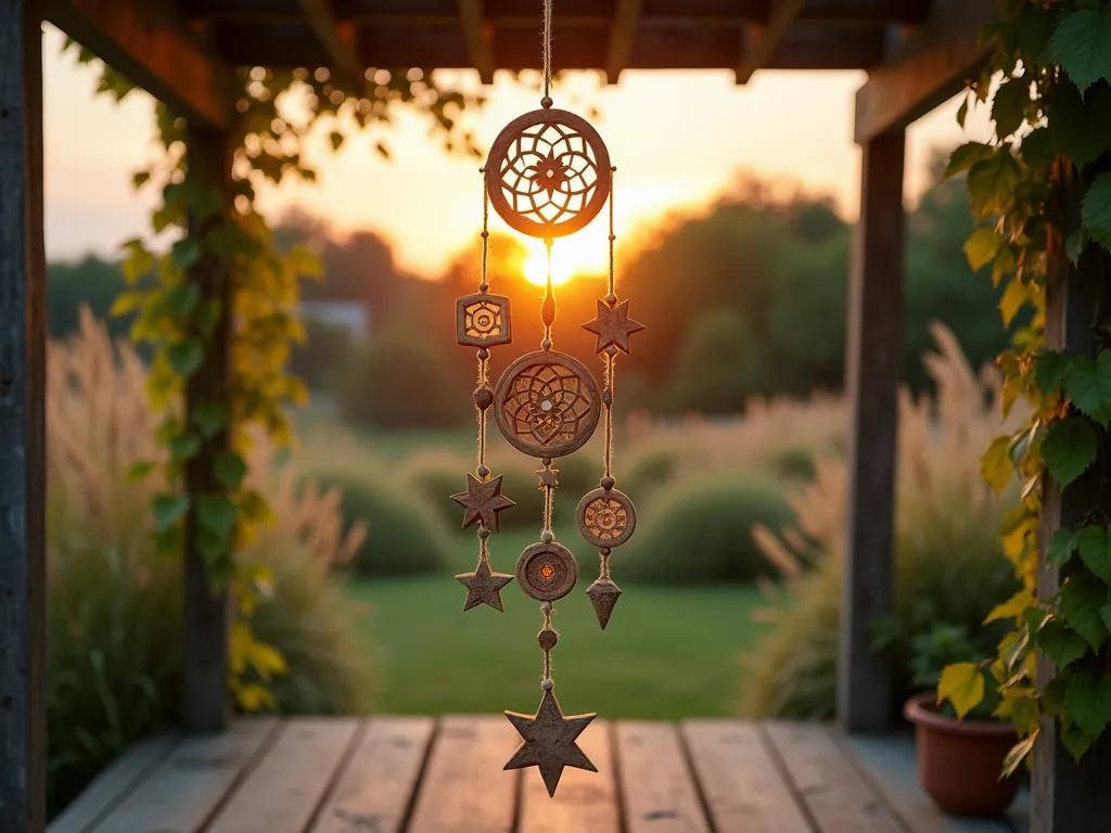 Ethereal Wooden Wind Catcher at Sunset - Photographic capture of an enchanting wooden wind catcher mobile hanging from a rustic pergola in a serene garden setting at golden hour. The intricate mobile features delicate, naturally finished wooden circles, stars, and geometric shapes of varying sizes, suspended at different lengths by thin jute twine. Soft sunset light filtering through the pieces creates dancing shadows on the weathered deck below. In the background, ornamental grasses sway gently, while climbing jasmine wraps around the pergola posts. Shot with shallow depth of field focusing on the wind catcher's gentle movement, with bokeh effects highlighting the warm evening sunlight. The composition captures the peaceful moment as the wooden pieces drift in the breeze, with some elements slightly motion-blurred to convey movement.