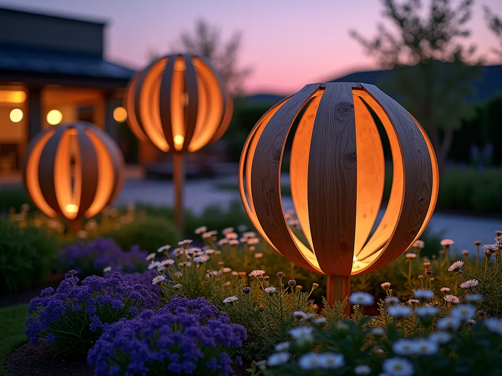 Floating Wooden Spheres at Dusk - A serene garden scene at dusk featuring three large hollow wooden spheres crafted from light oak strips, appearing to hover above a lush perennial garden bed. The spheres, ranging from 2-3 feet in diameter, are mounted on hidden steel posts and positioned at different heights. Shot at f/2.8 with a 16-35mm lens, capturing the warm evening light filtering through the geometric patterns of the spheres, casting intricate shadows on the garden below. Purple salvias and white echinacea flowers provide a soft, natural contrast to the modern wooden sculptures. The background shows a blurred contemporary patio with ambient lighting, creating depth and atmosphere. The composition is captured from a low angle to emphasize the floating effect of the spheres against the dusky purple-orange sky.