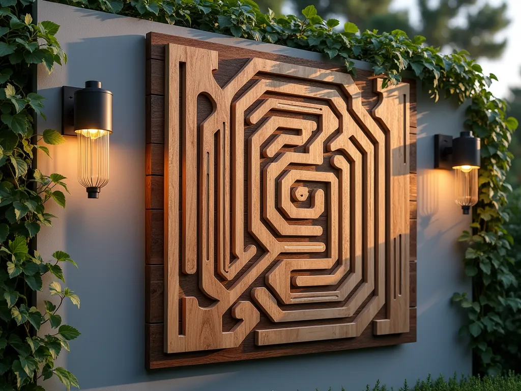 Modern Geometric Wooden Garden Maze Wall Art - A close-up shot of an elegant wooden garden wall art installation featuring an intricate geometric maze pattern created with light-colored cedar strips mounted on a dark-stained wooden backing board, photographed during golden hour. The artistic piece measures 6x6 feet and creates mesmerizing shadows on the wall. The maze pattern incorporates varying depths and intersecting lines, creating a three-dimensional optical illusion effect. The installation is mounted on a contemporary grey garden wall surrounded by climbing jasmine vines that partially frame the corners, with soft evening light highlighting the wooden textures and geometric precision of the design. Modern outdoor sconces on either side cast dramatic lighting across the maze pattern.