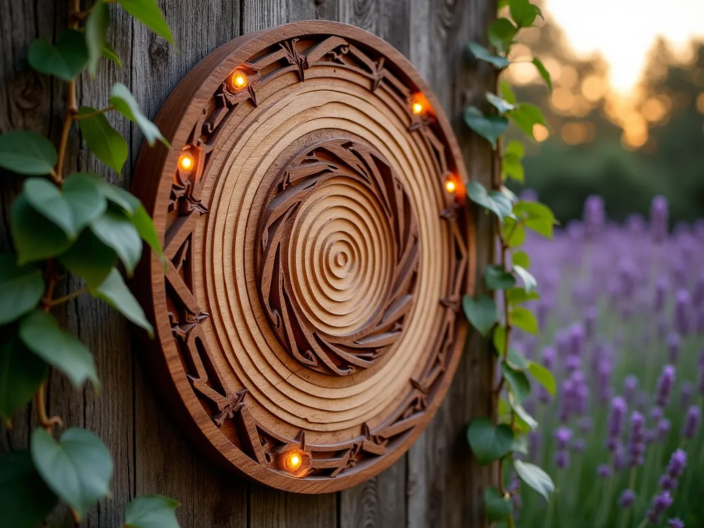 Illuminated Wooden Garden Mandala at Dusk - A stunning close-up photograph of an intricately carved 4-foot wooden garden mandala mounted on a weathered cedar fence, captured during golden hour. The mandala features concentric circles crafted from different wood species including maple, walnut, and cherry, creating a mesmerizing pattern of natural wood grains and tones. Soft ambient lighting casts gentle shadows across the detailed spiritual design, while climbing jasmine vines frame the edges of the piece. Small LED lights integrated within the mandala's design create a subtle ethereal glow. The background shows a blurred garden setting with lavender plants swaying in the evening breeze. Shot with shallow depth of field emphasizing the mandala's intricate details while maintaining the garden context.