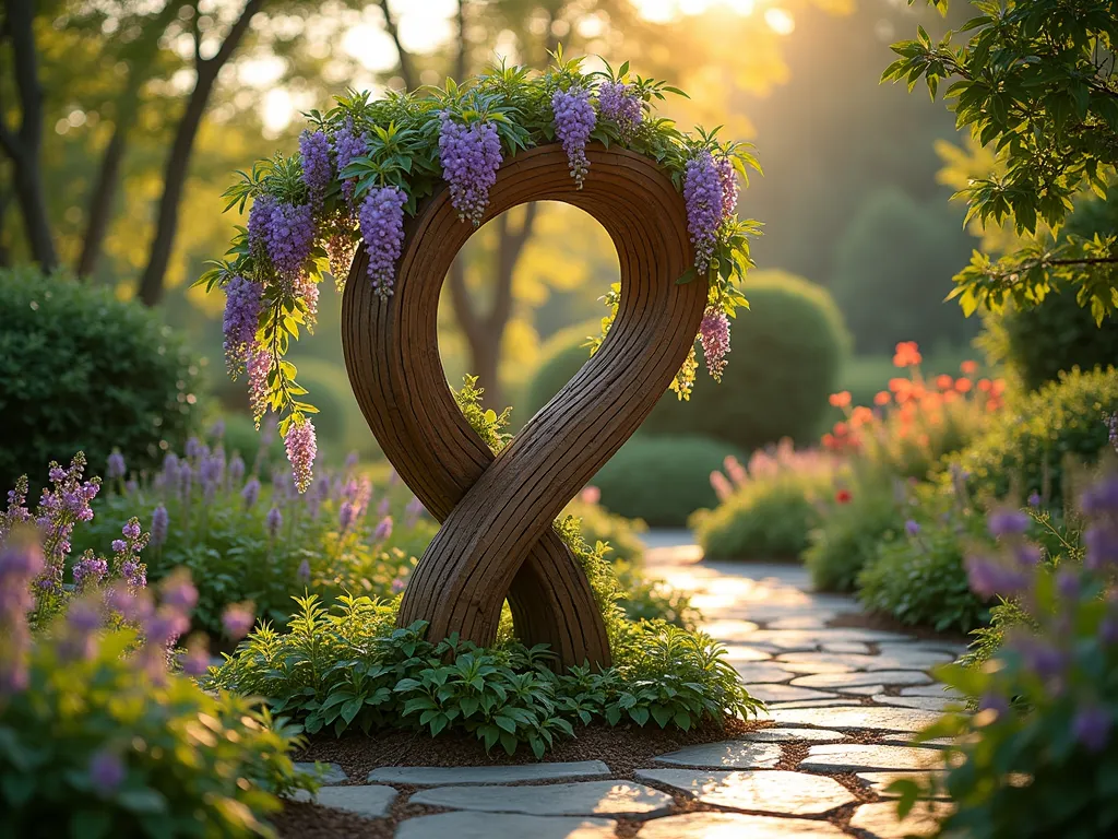 Living Wooden Garden Trellis Art - A stunning garden scene at golden hour featuring an intricate 8-foot-tall wooden sculpture crafted from weathered cedar, designed as an artistic double helix spiral. The structure serves as a living trellis, gracefully wrapped with blooming purple wisteria and emerald green Virginia creeper. Sunlight filters through the twisted wooden framework, casting artistic shadows on the natural stone path below. Shot with a wide-angle lens to capture the full height and surrounding cottage garden, with soft bokeh effect in the background showing complementary flowering perennials. The wooden sculpture appears to dance with nature as the vines intertwine through carefully designed openings, creating a mesmerizing blend of artistic structure and organic growth. DSLR camera settings: f/8, ISO 100, 1/125