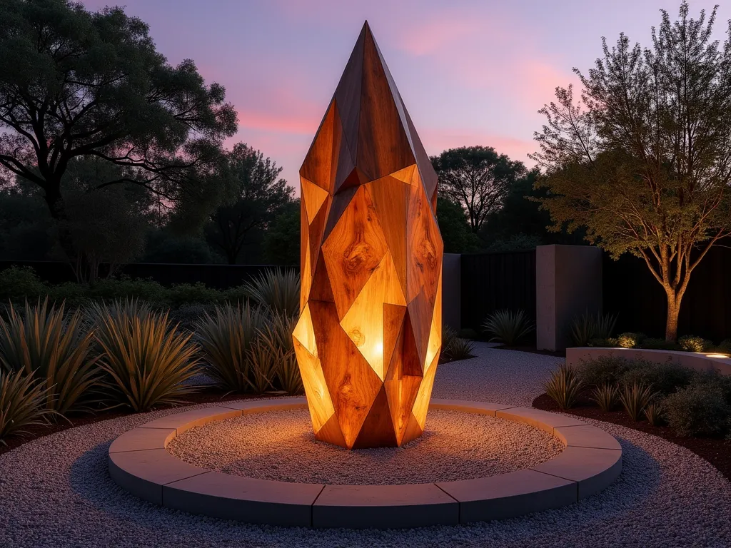 Modern Wooden Crystal Garden Sculpture at Dusk - A stunning geometric wooden crystal sculpture in a contemplative garden setting at dusk. The large-scale artwork, standing 6 feet tall, features angular pieces of polished cedar wood arranged in crystalline formations, creating a mesmerizing interplay of natural wood grain patterns. The sculpture casts dramatic shadows on a circular gravel meditation garden, surrounded by ornamental grasses and low-growing succulents. Soft landscape lighting illuminates the sculpture from below, highlighting its faceted surfaces and warm wooden tones. Shot with a wide-angle lens from a low perspective to emphasize the sculpture's commanding presence against a purple-orange twilight sky.