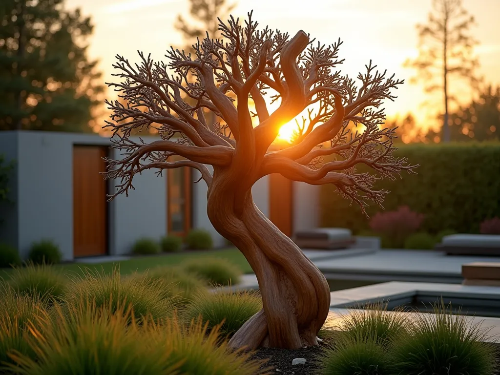 Modern Wooden Tree Sculpture at Sunset - A stunning DSLR photograph of a contemporary abstract wooden tree sculpture in a serene garden setting at golden hour. The sculpture, standing 8 feet tall, is crafted from weathered cedar boards and natural branches arranged in a flowing, geometric pattern. The artistic piece casts dramatic shadows across a bed of ornamental grasses, while soft sunset light filters through its angular wooden elements. The background features a blurred modern garden landscape with Japanese maples and vertical garden elements. The composition is captured from a slight low angle, emphasizing the sculpture's dramatic presence against the warm evening sky, with subtle landscape lighting beginning to illuminate the base.