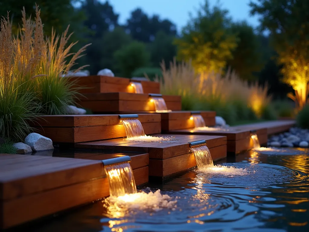 Modern Zen Wooden Water Feature - A serene twilight garden scene featuring a contemporary wooden water feature made from rich teak planks arranged in geometric tiers. Crystal-clear water cascades down carved channels between wooden platforms, creating peaceful ripples in small illuminated pools. Natural river rocks line the base, while ornamental grasses and bamboo provide an organic backdrop. Shot from a low angle at f/2.8, capturing the golden hour light reflecting off the flowing water, with soft bokeh in the background. The wooden structure's warm tones contrast beautifully with the cool blue twilight sky, while subtle landscape lighting creates dancing shadows on the surrounding foliage.