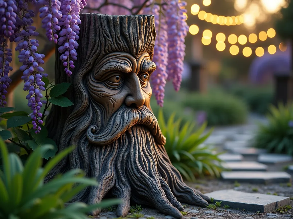 Mystical Tree Spirit Garden Guardian - A close-up photograph of an intricately carved ancient tree stump in a serene garden setting at dusk. The carved face features deeply etched, wise eyes and flowing beard-like patterns that seem to emerge naturally from the weathered wood grain. Soft golden hour lighting casts dramatic shadows across the detailed carving, while string lights twinkle in the background. Purple wisteria vines gently drape around the edges of the stump, creating an enchanted forest atmosphere. The carving is positioned along a natural stone pathway, with ornamental grasses and ferns surrounding its base, photographed with shallow depth of field to create a dreamy, mystical mood.