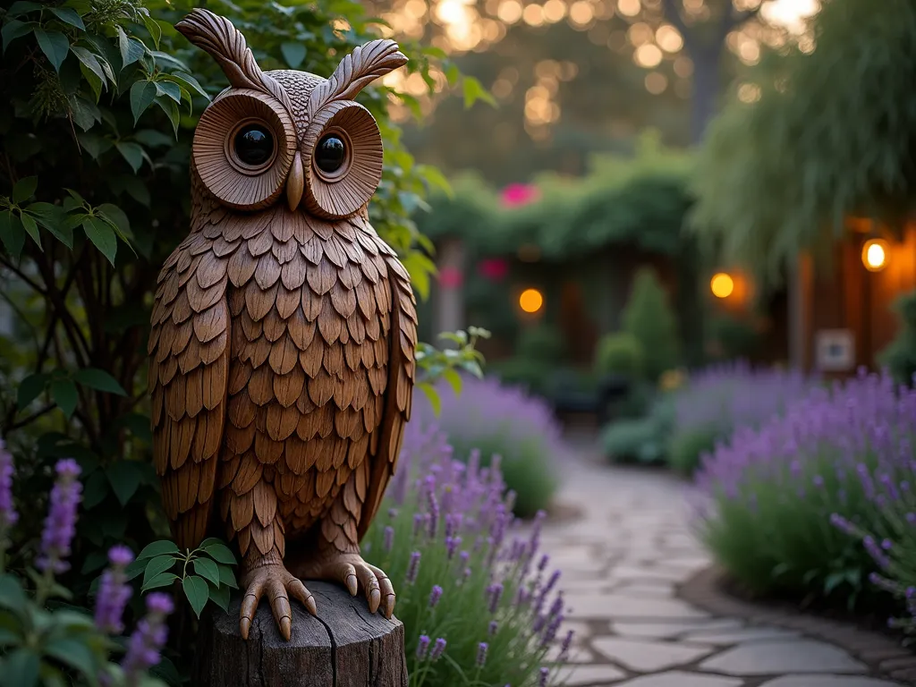 Mystical Wooden Garden Guardian at Dusk - A dramatic dusk photograph of a majestic 7-foot tall hand-carved wooden owl guardian sculpture, positioned at the entrance of a winding garden path. The sculpture, crafted from weathered oak, exhibits intricate feather details and wise, watchful eyes. Soft golden hour lighting casts long shadows across the textured wood, while climbing wisteria gently wraps around its base. The background features a blurred cottage garden with layers of lavender and ornamental grasses swaying in the evening breeze. Shot from a low angle at f/2.8 to create a sense of grandeur and mystery, with natural bokeh effects highlighting twinkling garden lights in the distance. 16mm wide-angle perspective captures the full majesty of the sculpture while showing its integration into the garden landscape.