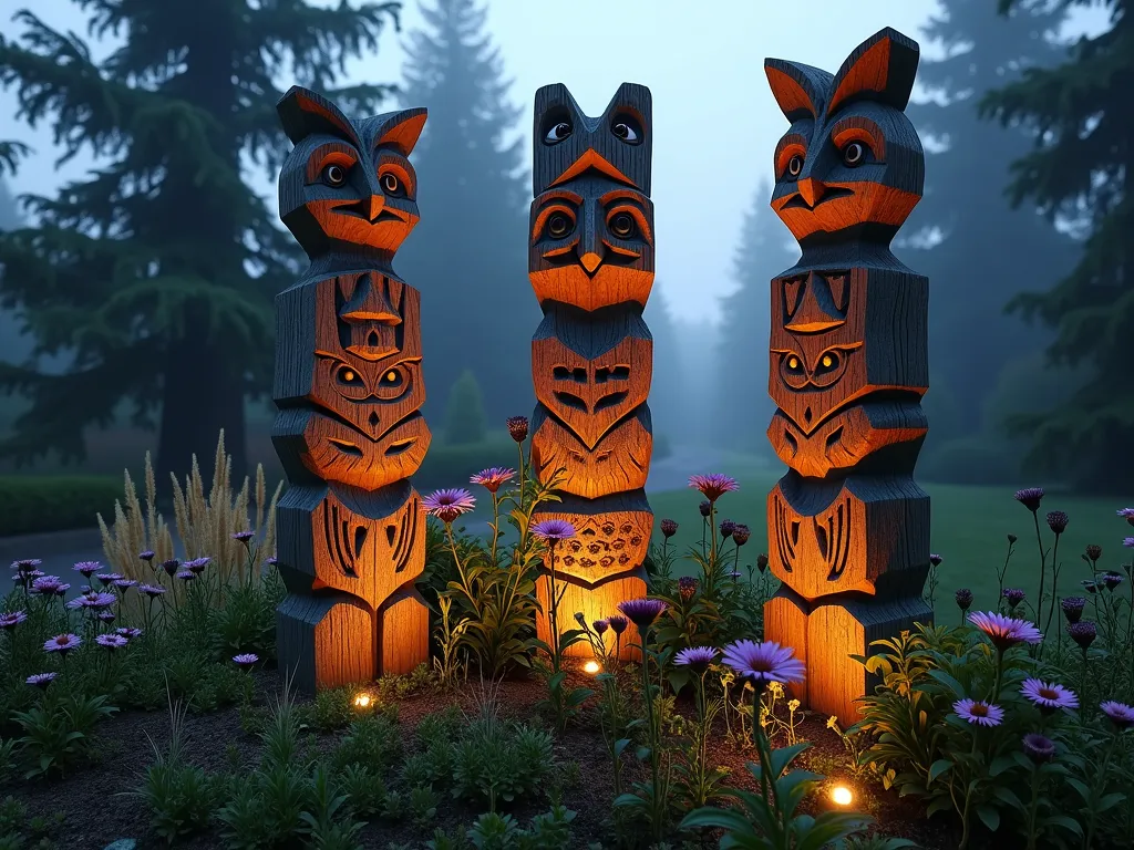 Rustic Garden Totem Poles at Twilight - A dramatic wide-angle shot of three weathered wooden totem poles crafted from reclaimed timber, standing 7 feet tall in a lush garden border at twilight. The totems feature intricately carved owls, bears, and geometric patterns, their surfaces rich with natural wood tones and subtle textures. Soft evening light casts long shadows across the surrounding garden, where ornamental grasses and flowering perennials sway gently. Purple coneflowers and black-eyed susans bloom at the base, while climbing vines begin to embrace the lower sections of the poles. The carved details are enhanced by strategic outdoor lighting that creates a mystical atmosphere. Photographed with shallow depth of field to emphasize the artistic details of the carvings, with a misty background featuring mature trees