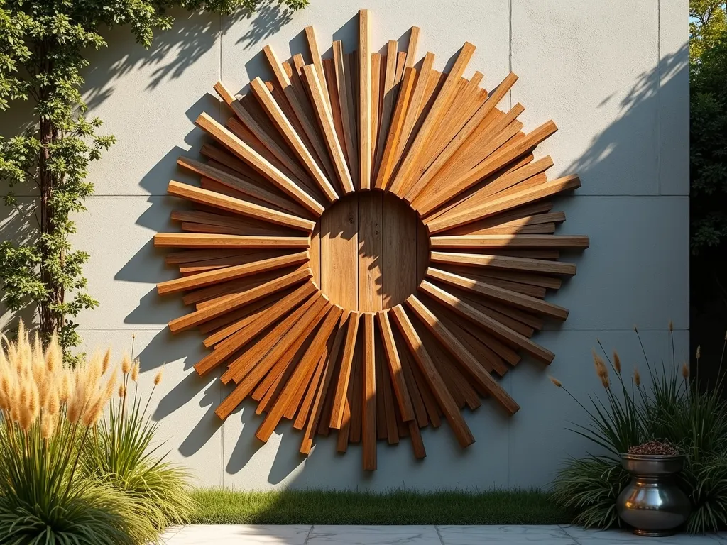 Rustic Wooden Sunburst Wall Art - A stunning close-up shot of a large-scale wooden sunburst art installation mounted on an outdoor garden wall, crafted from weathered reclaimed barn wood in varying lengths and natural tones. The dramatic piece features meticulously arranged wooden beams radiating from a central point, creating an artistic interpretation of sun rays. Late afternoon golden sunlight casts intricate shadow patterns across the surrounding textured stone wall. The artwork is partially framed by climbing jasmine vines and backed by a modern courtyard garden setting with architectural grasses swaying in the foreground. Photorealistic, high detail, warm natural lighting, artistic garden design.