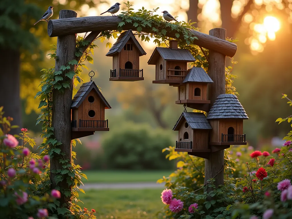 Whimsical Wooden Birdhouse Gallery at Sunset - A stunning dusk scene of an enchanting garden corner featuring a collection of artistically crafted wooden birdhouses mounted on a weathered wooden post arch. The birdhouses vary in architectural styles, from Victorian-inspired designs to rustic cottages and modern minimalist structures, arranged at different heights. Golden hour sunlight filters through nearby Japanese maple branches, casting warm shadows on the intricate details of each birdhouse. Small native birds perch on the houses while climbing roses and clematis vines gracefully wind around the wooden structure. Shot with shallow depth of field, emphasizing the detailed craftsmanship of the centerpiece birdhouse while creating a dreamy bokeh effect with the natural garden background. High-quality DSLR capture with perfect exposure highlighting the rich wood grain textures and architectural details.