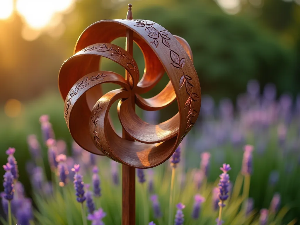 Multi-Tiered Wooden Wind Spinner at Sunset - A close-up shot of an intricately carved wooden wind spinner with five gracefully curved tiers, mounted on a tall cedar post in a cottage garden setting. The spinner features delicate leaf and spiral patterns carved into rich mahogany wood, spinning gently in the golden evening light. The background shows a soft-focus garden with lavender and ornamental grasses swaying in the breeze. The wood has a rich, warm finish with subtle highlights catching the setting sun, while cast shadows create mesmerizing patterns on the garden below. High-quality photographic style, warm evening lighting, with attention to detail in the wood grain and artistic carving.