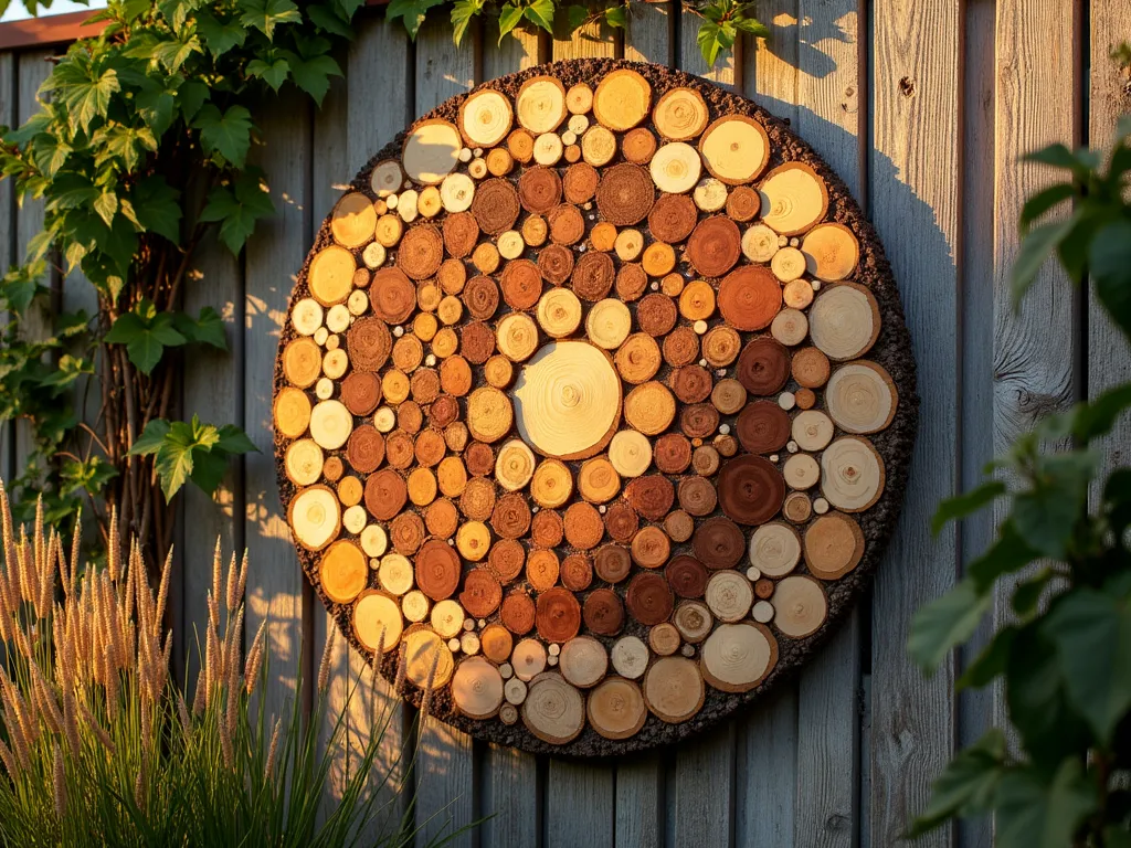 Artistic Wood Slice Garden Mosaic - Close-up shot of a stunning garden wall art featuring a circular mandala pattern made from various sized wood slices, photographed during golden hour. The mosaic showcases natural wood rounds ranging from 2 to 8 inches in diameter, arranged in concentric circles against a weathered cedar backdrop. Each wood slice reveals unique grain patterns and natural color variations from honey gold to deep auburn. Soft evening sunlight casts gentle shadows between the pieces, highlighting their textural details. The mosaic is mounted on a rustic garden wall surrounded by climbing ivy and ornamental grasses, creating an enchanting focal point in a contemporary garden setting. Shot with a 16-35mm lens at f/2.8, ISO 400, capturing the intricate details and warm, organic aesthetics.