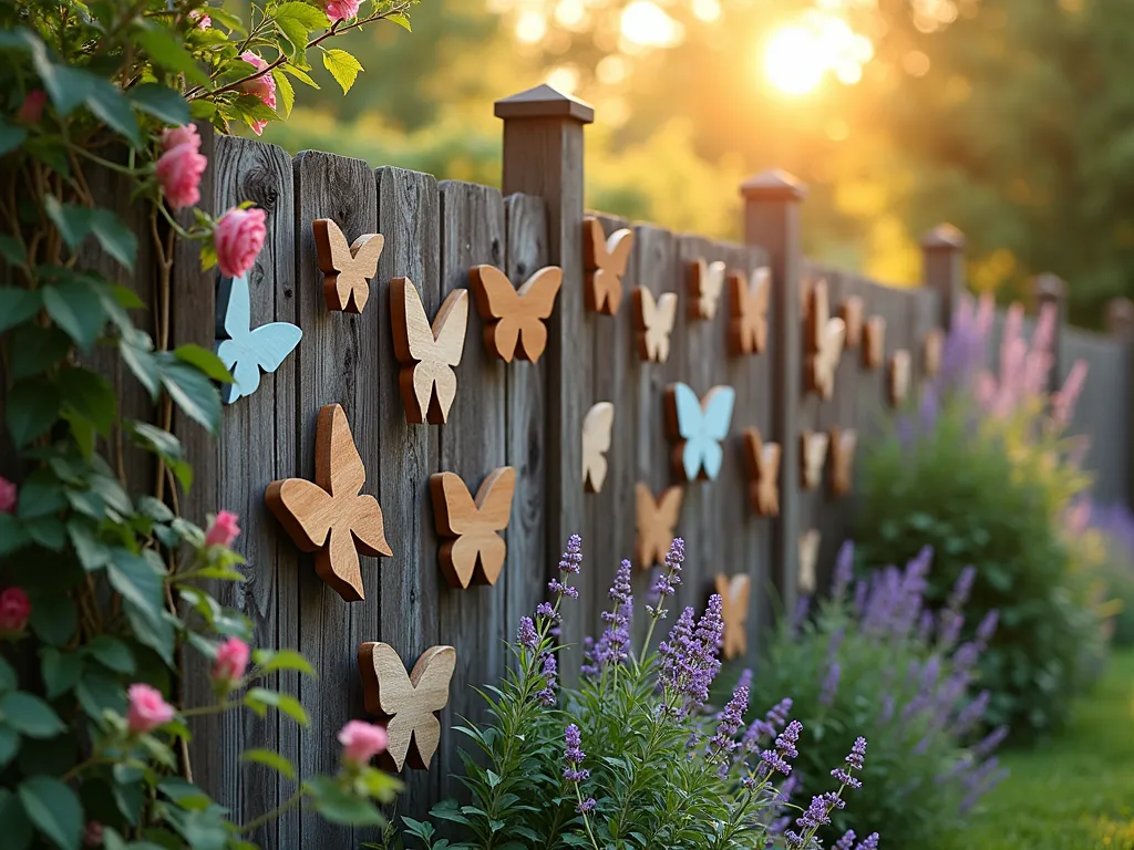 Enchanting Wooden Butterfly Garden Wall - A charming garden scene at golden hour, featuring a rustic wooden fence adorned with an artful collection of handcrafted wooden butterflies in various sizes and natural wood tones. The butterflies, ranging from 6 to 24 inches in wingspan, are mounted at different heights and angles, creating a dynamic flight pattern. Some butterflies are painted in subtle, weathered colors resembling Monarchs, Swallowtails, and Blue Morphos. Climbing roses and flowering clematis weave through the fence, while lavender and butterfly bush bloom below, casting soft shadows in the warm evening light. The scene is photographed from a three-quarter angle, showing both the depth of the installation and the garden context, with a dreamy bokeh effect in the background.