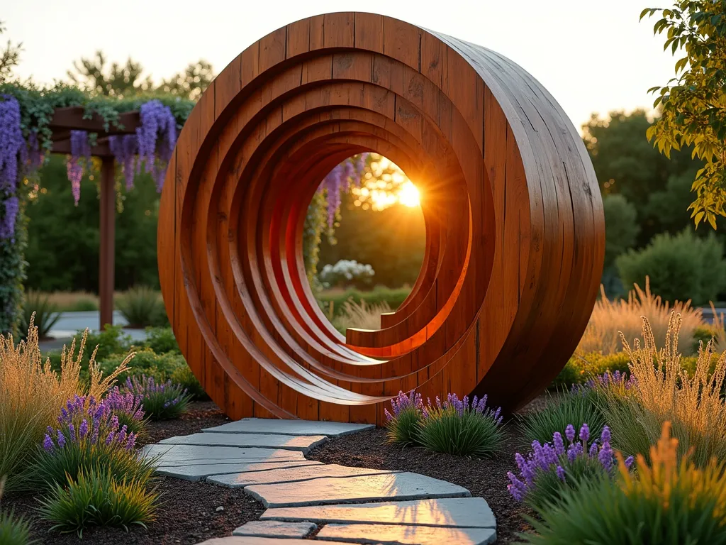 Wooden Fibonacci Garden Spiral - A stunning wooden Fibonacci spiral sculpture in a tranquil garden setting, photographed at golden hour. The large-scale installation, crafted from rich cedar planks arranged in a perfect mathematical spiral, rises 8 feet tall from a bed of ornamental grasses. Warm sunlight filters through the spiral's wooden segments, creating dramatic shadows on the surrounding landscape. The sculpture is complemented by a spiral garden path made of natural stone pavers, echoing the Fibonacci sequence. Purple salvia and golden heuchera plants follow the curve of the structure, while Japanese forest grass sways gently at its base. The background features a soft-focus pergola draped with wisteria, creating depth and context. Shot with a wide-angle lens to capture the full sweeping motion of the design, with the low evening sun highlighting the natural wood grain patterns.