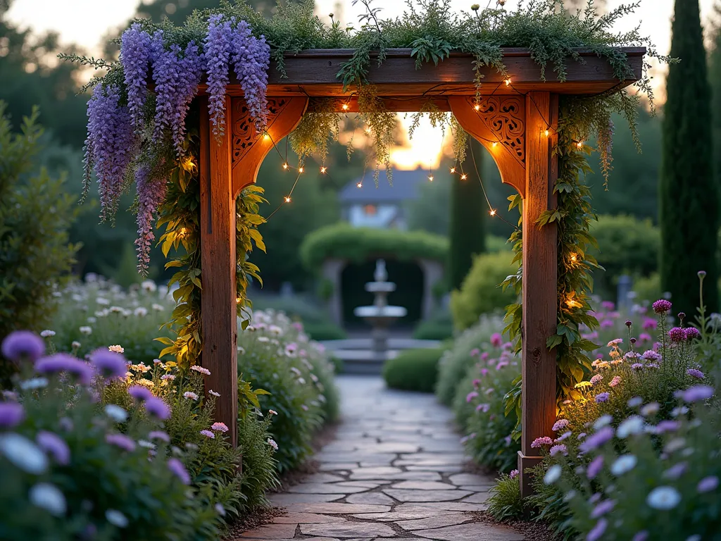 Enchanted Garden Frame Vista - A wide-angle twilight shot of a serene garden path with an ornate 8-foot-tall weathered wooden frame structure standing independently among flowering perennials. The frame perfectly captures a picturesque garden vista beyond, featuring a curved stone path leading to a small fountain. Climbing roses and jasmine intertwine through the frame's edges, creating a living border. Soft golden hour lighting filters through the frame, casting gentle shadows. Purple wisteria cascades from above, while lavender and white cosmos sway in the foreground. The frame is crafted from reclaimed cedar wood with artistic carved details, adding rustic elegance to the scene. Fairy lights are subtly woven through the climbing plants, creating a magical atmosphere.