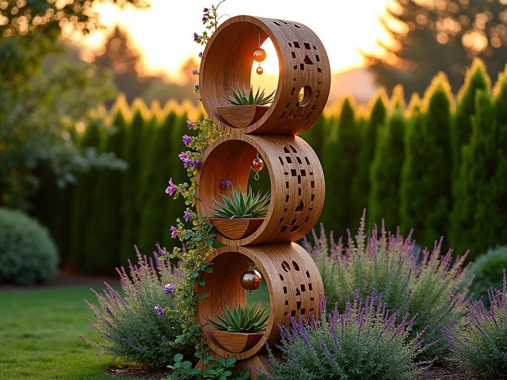 Multi-Tiered Wooden Garden Tower at Sunset - A stunning 8-foot tall artistic wooden garden tower photographed during golden hour, casting long shadows across a lush garden. The tower features three circular tiers made from weathered cedar, each level adorned with intricate geometric cutouts that cast mesmerizing shadows. The bottom tier displays flowering vines of purple clematis climbing upward, the middle section houses copper wind chimes and hanging succulent planters, while the top tier showcases a collection of air plants nestled in artistic wooden pockets. Natural wood grain texture visible throughout, with warm sunset light filtering through the artistic cutouts. Wide-angle perspective capturing the tower's dramatic height against a backdrop of evergreen shrubs and ornamental grasses.