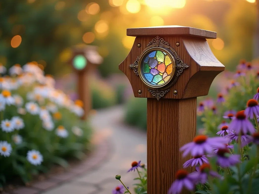 Enchanting Wooden Kaleidoscope Garden Post at Sunset - Close-up shot of a beautifully crafted wooden garden post with a rustic cedar finish, featuring an ornate brass kaleidoscope eyepiece mounted at eye level. The post is positioned in a whimsical cottage garden setting with soft, golden sunset light filtering through. Colorful stained glass fragments and mirrors are visible through the eyepiece, creating mesmerizing patterns. The post is surrounded by dreamy, out-of-focus purple coneflowers and white daisies, with a curved garden path leading to it. Soft bokeh effects from garden lights add magical atmosphere, photorealistic style