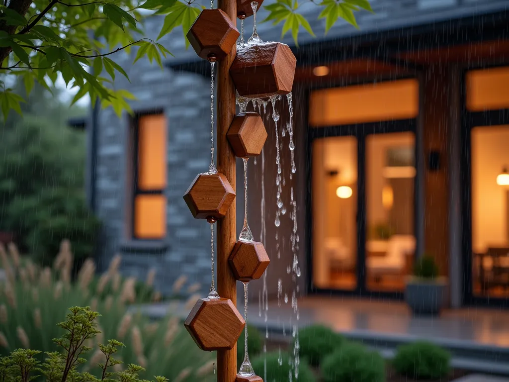 Artistic Wooden Rain Chain Installation - A close-up shot of an elegantly crafted wooden rain chain against the backdrop of a modern craftsman-style home at dusk. The chain features intricately carved wooden cups and geometric hexagonal shapes in rich cedar tones, connected by copper links. Water droplets cascade through the cups during a light rain, creating a mesmerizing visual display. Soft landscape lighting illuminates the rain chain, casting gentle shadows on the nearby stone wall. Japanese maple leaves frame the composition, while native ornamental grasses sway gently in the background. Shot with a DSLR camera, f/8 aperture, capturing the intricate details and water movement with crystal clarity.