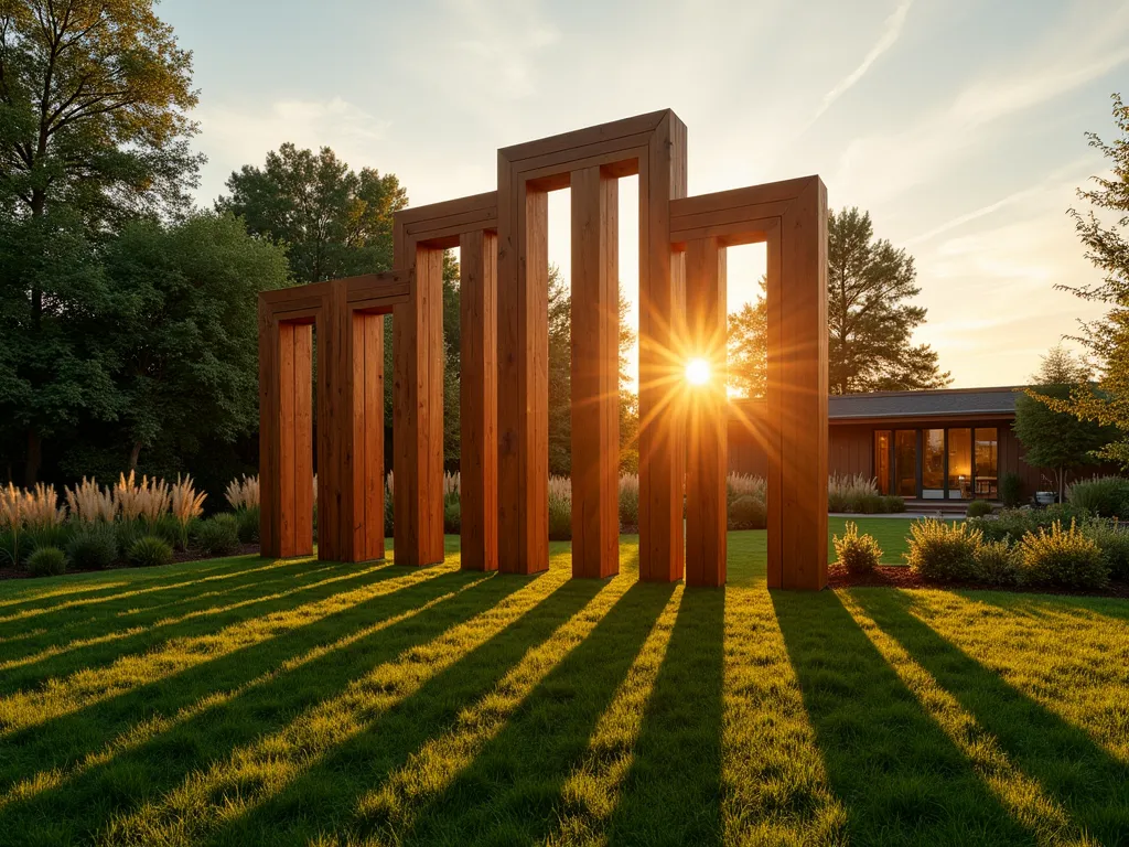 Wooden Shadow Garden Art at Sunset - A cinematic wide-angle shot of a modern backyard garden at golden hour, featuring an architectural wooden sculpture made of intersecting geometric panels. The setting sun casts dramatic, elongated shadows across a pristine lawn, creating an intricate pattern of light and dark. The 8-foot tall artistic installation is crafted from weathered cedar planks arranged in a contemporary abstract design. Soft, ambient lighting illuminates the sculpture while ornamental grasses sway gently in the background. Shot with shallow depth of field, capturing the warm golden sunlight filtering through the wooden elements, creating a magical interplay of light, shadow, and natural textures. Professional photo captured with a 16-35mm lens at f/2.8, ISO 400.