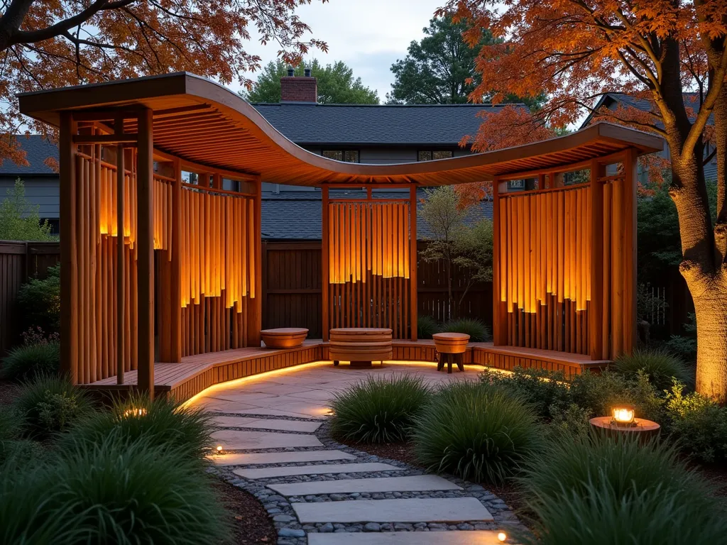 Enchanting Wooden Sound Garden at Twilight - A captivating twilight photograph of a zen-inspired wooden sound garden installation in a serene backyard setting. Large, handcrafted wooden wind chimes of varying lengths hang elegantly from a curved pergola, alongside hollow bamboo resonating chambers. Natural cedar percussion pieces suspended between wooden posts catch the golden hour light. Japanese maple trees frame the scene, with soft mood lighting illuminating the musical elements. The composition captures the gentle motion of wooden elements swaying in the evening breeze, photographed with shallow depth of field to create a dreamy atmosphere. Stone pathways wind through the installation, while ornamental grasses sway beneath, creating a multi-sensory garden experience. Shot with a wide-angle perspective to showcase the entire musical installation within its peaceful garden context.