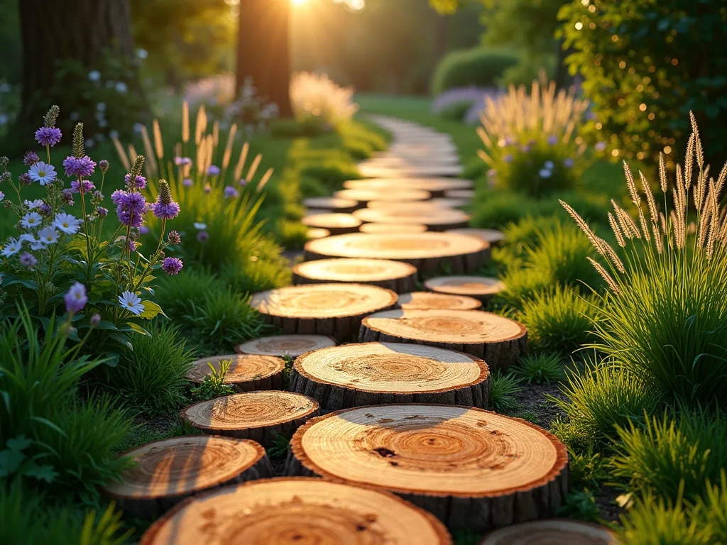 Natural Wood Slice Garden Path - A magical garden pathway made of polished log slices cut from tree trunks, arranged in a winding pattern through lush green grass and flowering perennials. The wooden rounds vary in size from 12 to 24 inches, with rich amber and brown tones enhanced by a glossy weather-resistant seal. Captured at golden hour, with soft sunlight filtering through overhead trees creating dappled shadows on the path. Small purple and white wildflowers peek between the log rounds, while ornamental grasses sway gently along the edges. Shot from a low angle perspective to emphasize the natural flow of the pathway, with shallow depth of field highlighting the detailed wood grain patterns. Professional DSLR photograph with perfect exposure showing the enchanting woodland aesthetic.