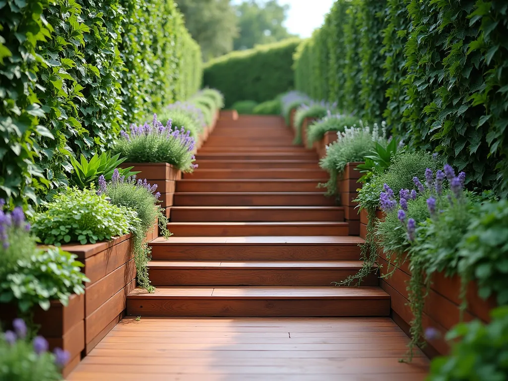 Cascading Living Wall Garden Steps - A professional photograph of elegant wooden garden steps with built-in planter boxes on both sides, creating living walls. The steps are made of rich cedar wood with modern minimalist lines. Cascading plants like creeping jenny, ivy, and trailing rosemary spill over the edges of the integrated planters, creating a lush green waterfall effect. Small flowering herbs like lavender and thyme add pops of purple and white. The steps ascend gently through a well-maintained garden space, with soft natural lighting highlighting the organic interaction between wood and greenery. The scene has a dreamy, enchanted garden quality with the steps appearing to float between the vertical gardens.