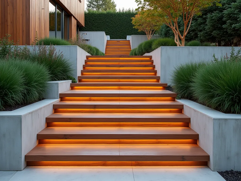 Contemporary Mixed Material Garden Steps - A stunning outdoor stairway featuring warm-toned wooden treads floating between modern concrete risers, ascending gracefully through a manicured garden. The steps are wide and inviting, with subtle LED lighting along the edges. Ornamental grasses and Japanese maples line both sides, creating a sophisticated border. The wood is rich teak with a natural finish, contrasting beautifully against the smooth, light gray concrete. Captured during golden hour with soft, natural lighting highlighting the mixed materials' textures. The composition shows a slight angle view to emphasize the harmonious blend of materials and architectural elements.