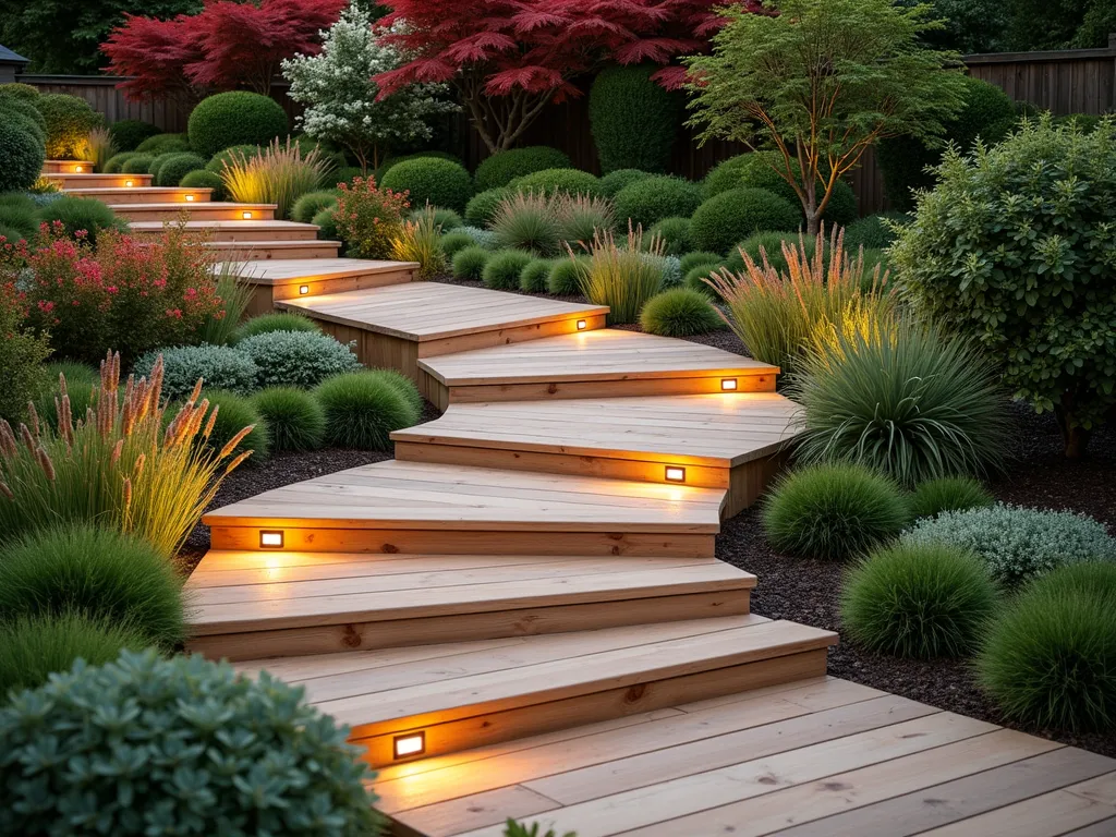 Graceful Curved Wooden Garden Steps - A gently curving wooden garden path made of natural timber steps, winding through a lush garden landscape. The steps are crafted from light-colored, weather-resistant wood with curved risers that follow the natural slope of the terrain. On both sides, ornamental grasses, flowering perennials, and small shrubs soften the edges. The path is illuminated by warm evening light, creating subtle shadows that highlight the organic flow of the steps. Small LED path lights are integrated along the edges for safety and ambiance. The background shows a mix of Japanese maples and flowering shrubs, creating depth and visual interest. The steps are finished with a natural wood stain that complements the surrounding landscape. Photorealistic, architectural photography style.