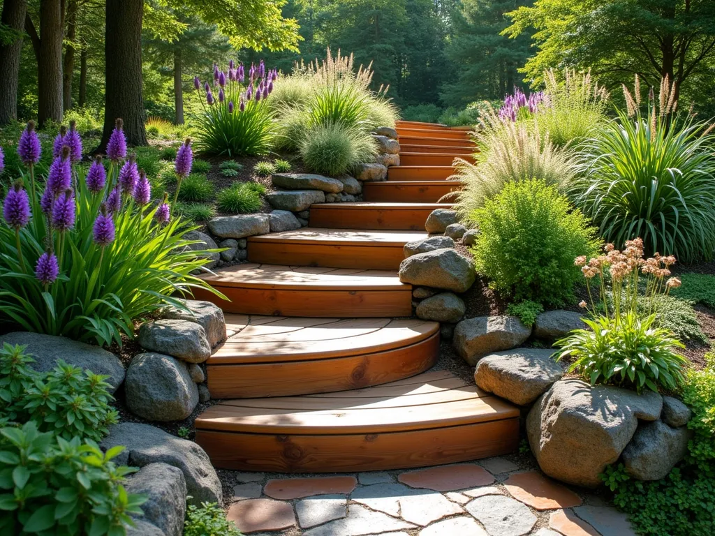 Eco-Friendly Wooden Watershed Steps - A gently curved wooden garden stairway made of rich cedar planks, angled slightly to direct rainfall into lush adjacent flower beds. The steps cascade down a gentle slope, surrounded by vibrant purple coneflowers, ornamental grasses, and native ferns. Natural stone borders line the sides of the steps, creating small channels for water flow. Morning sunlight filters through overhead trees, casting dappled shadows on the weathered wood. The scene showcases a harmonious blend of functional water management and natural garden design.